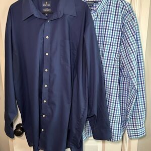 Stafford Men's Navy and Plaid Button Down Shirts Bundle of Two